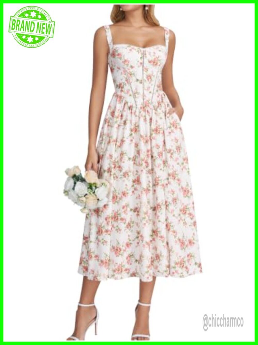 Corset Floral Midi Dress with Lace Detail, Side Slit, Smocked Back, Pockets,